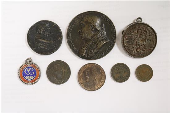 A Victoria one penny 1879, AUNC and a collection of bronze medals, coins and tokens, Dia 55mm (largest)